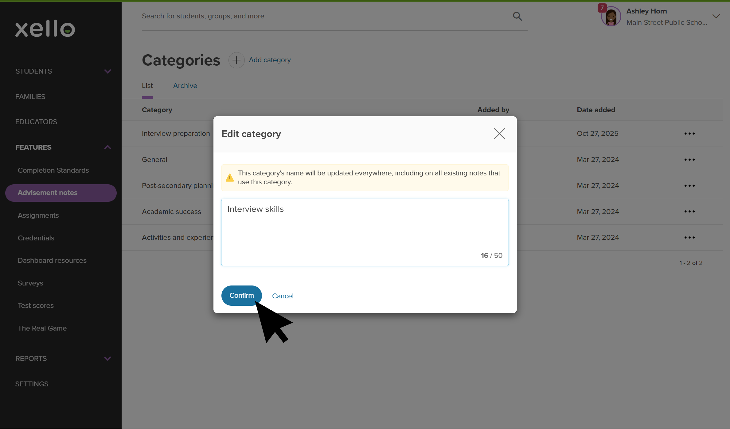 Educator account in Xello. An advisement note category is being edited. There's a banner that states the category's name will be updated everywhere, including on all existing notes that use the category. The cursor is clicking Confirm.